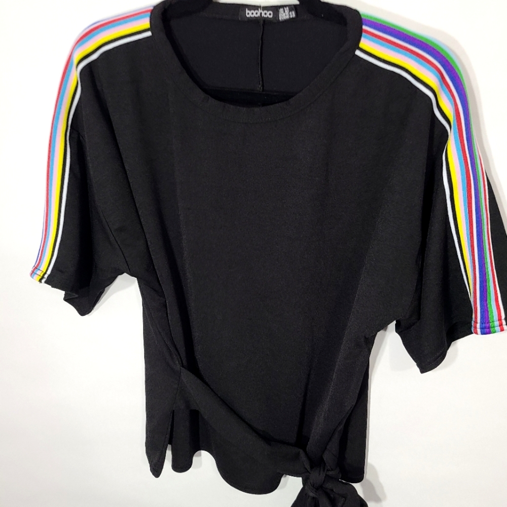 Boohooβ Women's Size 10 Black Shirt Rainbow Stiped Sleeve Tie Front